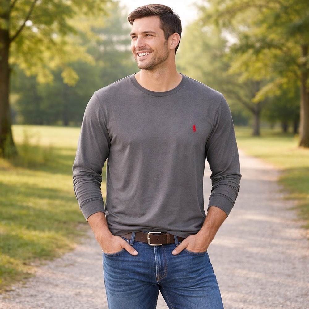 Polo Ralph Lauren Mens Long Sleeve T-Shirt Charcoal Grey Red Pony Logo Size L